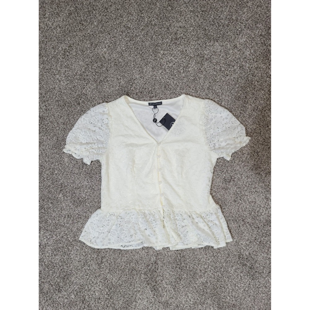 Adrianna Papell Womens Small Ivory Ruffle Lace Peplum Blouse Top Cottagecore